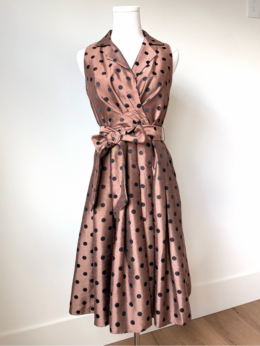 Jessica Howard Brown Polka Dot Sleeveless Wrap Midi Dress with Tie